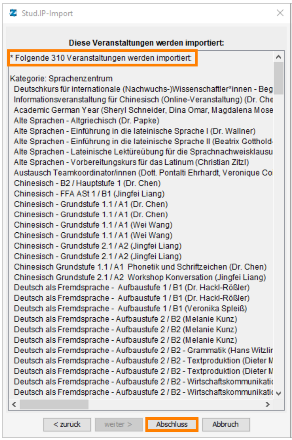Abschluss Massenimport